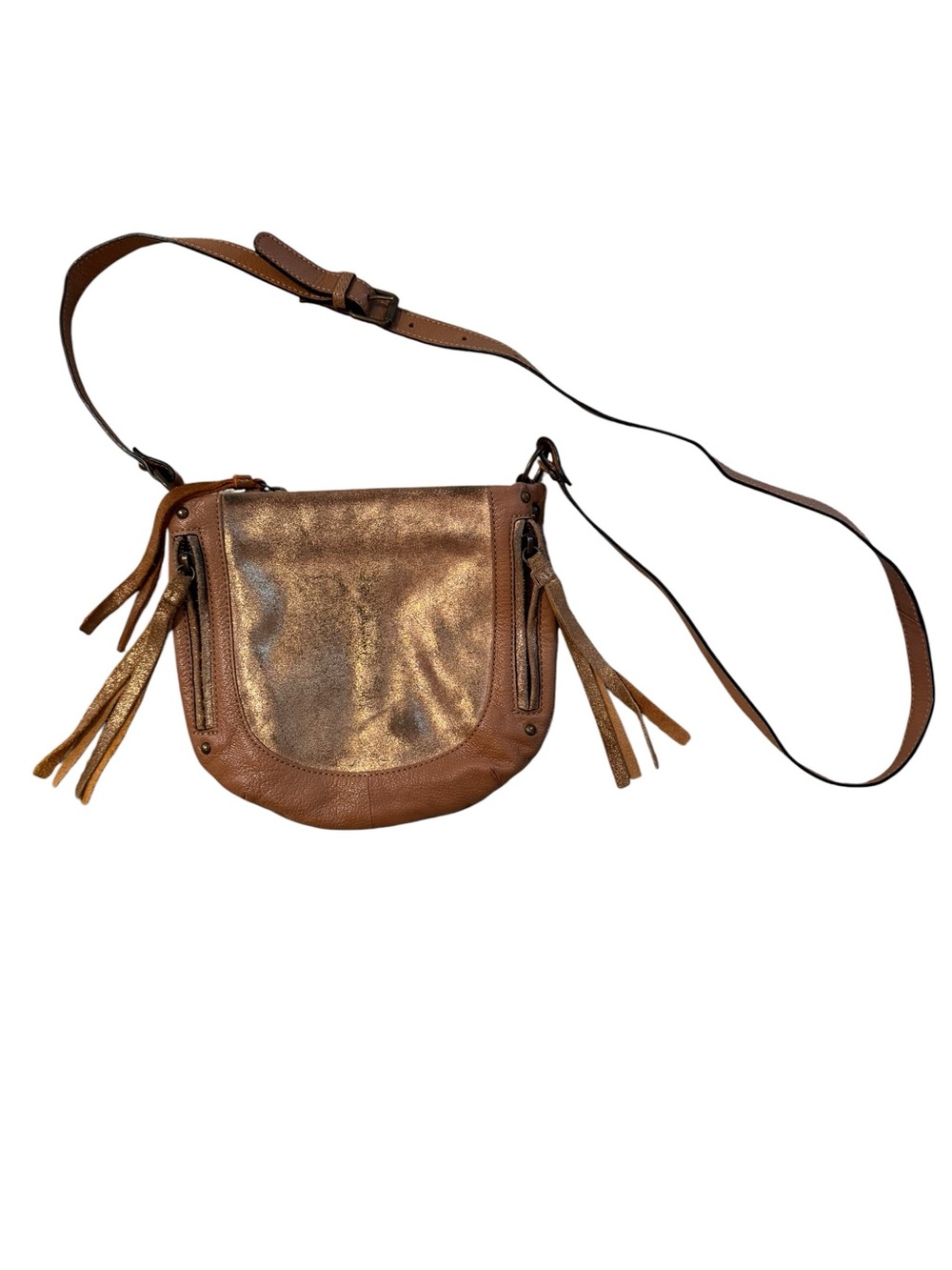 Tano Anthropologie Abrojo Crossbody Bag Gold Metallic Suede Brown Leather